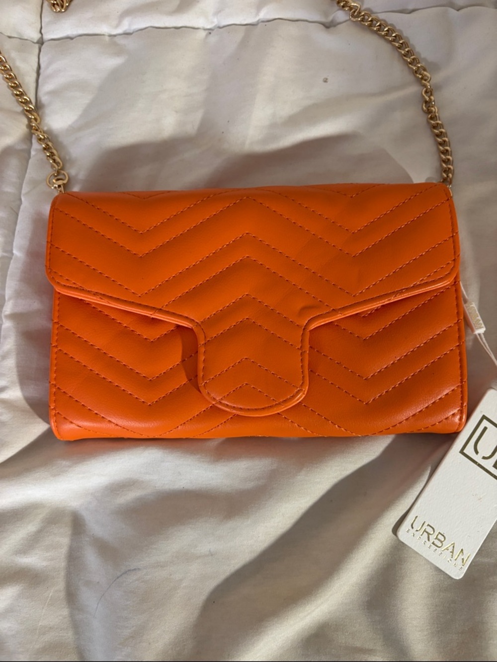 Urban Expressions Orange Quilted Crossbody Bag with Gold Detachable Chain